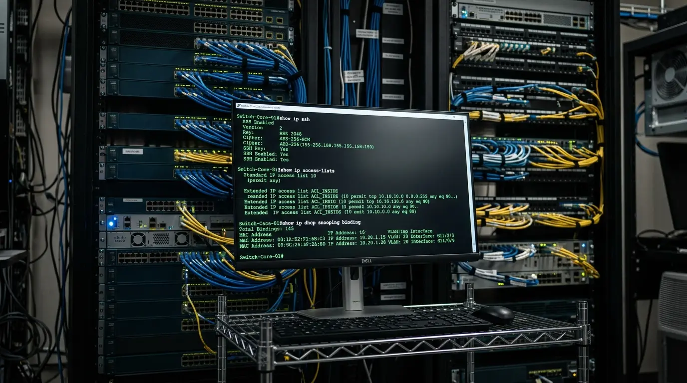Output de terminal Cisco com verificação de SSH, ACL e DHCP Snooping