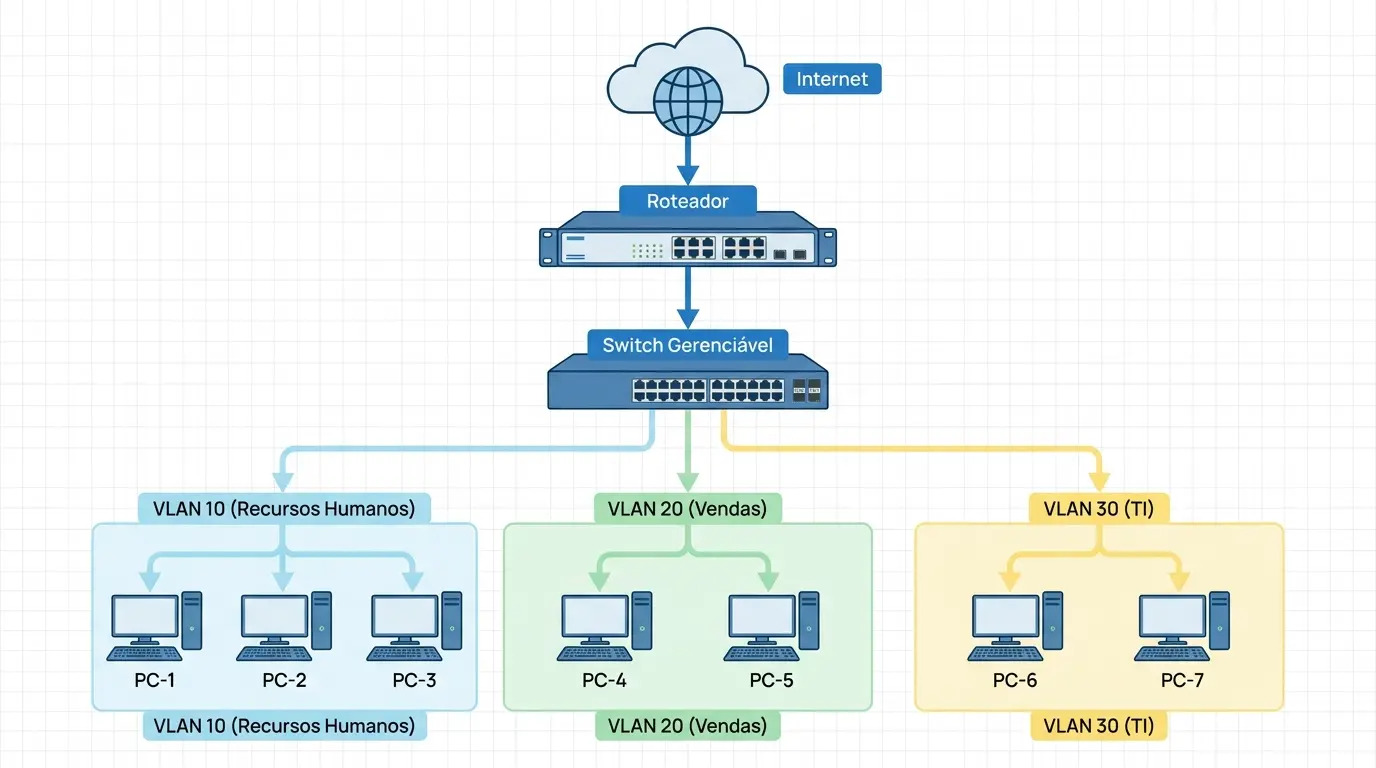 Topologia básica com router, switch, VLANs e ligação à
Internet